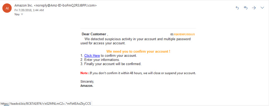 Фишинговый email от Amazon