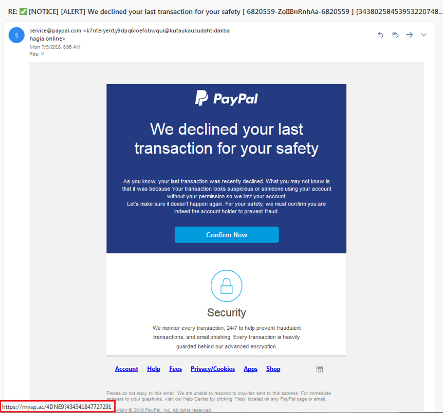 Фишинговый email от PayPal