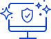 blue outline icon of a desktop computer screen with a shield in the middle