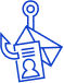 blue outline icon of a fishing hook with personal identification cards snagged on it