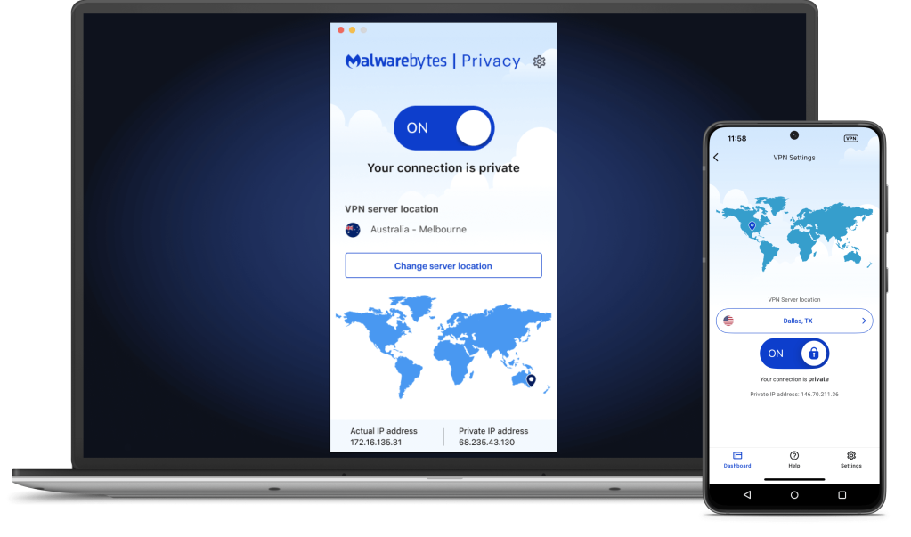 A laptop and mobile device both showing the main screen of the Malwarebytes VPN app