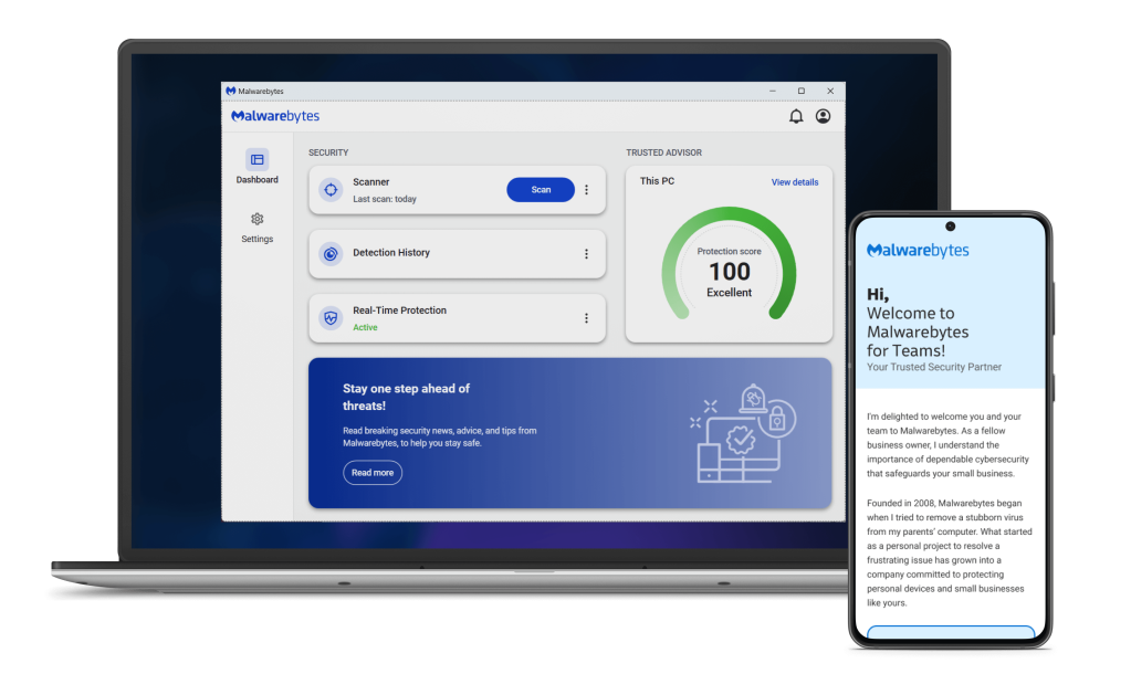 Immagine generica di un computer portatile con la dashboard del prodotto Malwarebytes Teams  visualizzata sullo schermo. A destra del computer portatile c'è uno smartphone generico che mostra un'e-mail che dà il benvenuto all'utente in un team.